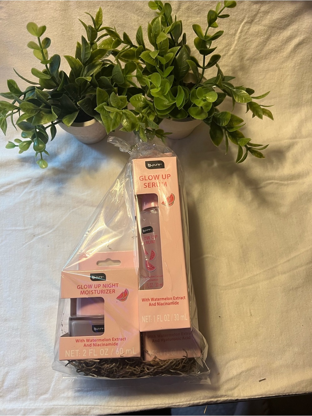 B pure Glow Up Serum, Night Moisturizer & Toner in clear Packaging